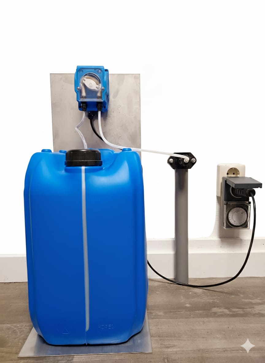 Greasy doseersysteem met blauw vat en doseerpomp